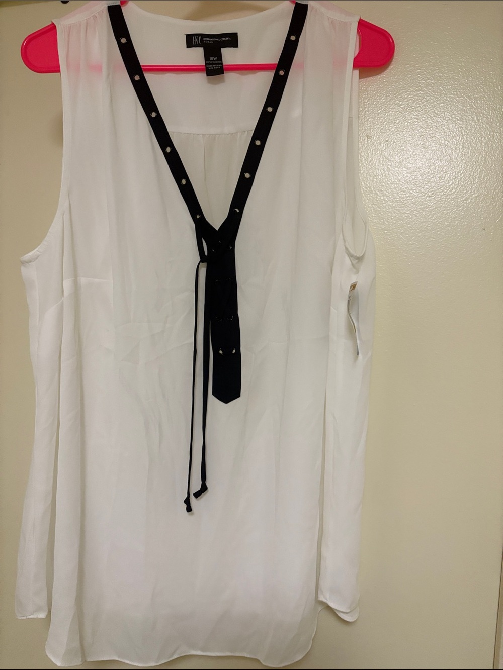INC International Concepts White Sleeveless Top with Black Tie Detail